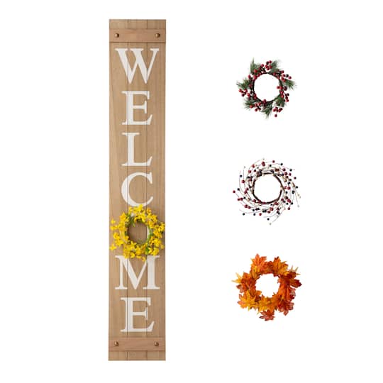 Glitzhome 60&#x22;H Wooden Brown &#x22;WELCOME&#x22; Porch Sign with 4 Changable Wreaths